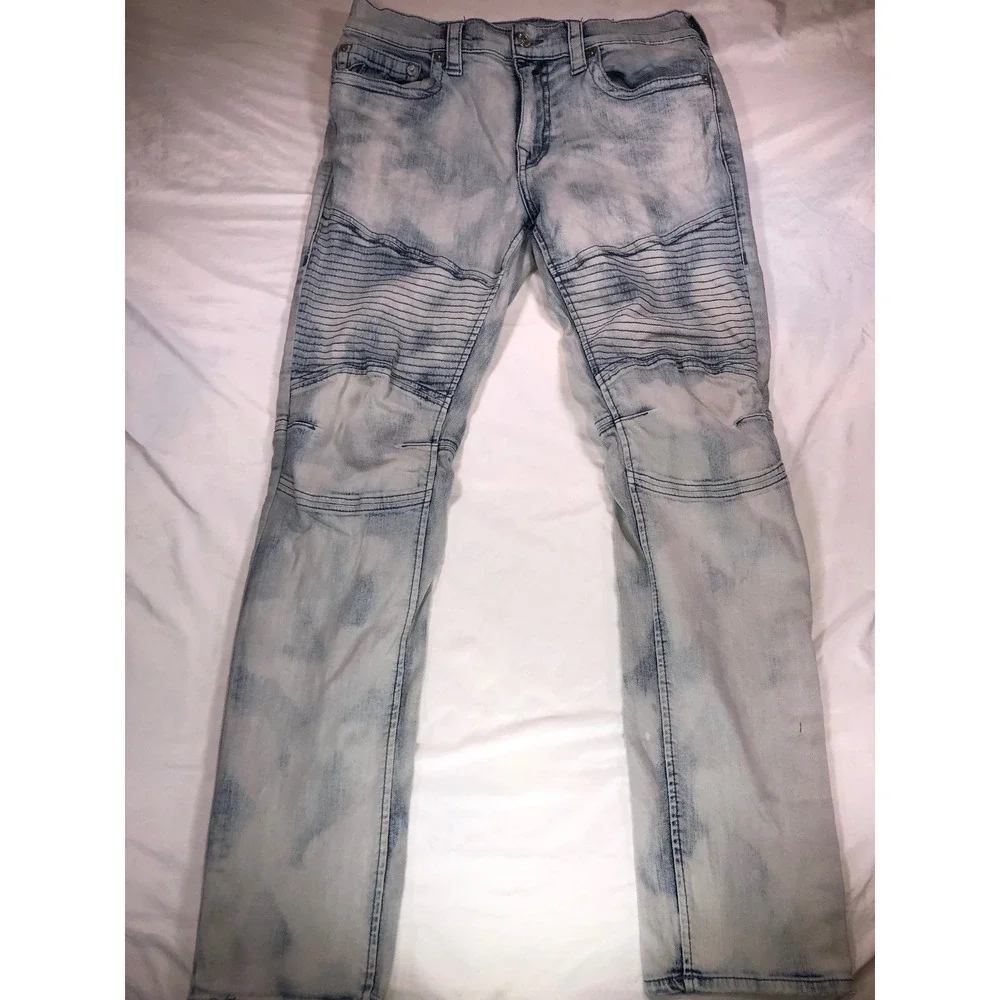 True Religion Rocco Relaxed Skinny Moto Jeans Light Acid Wash Mens 36